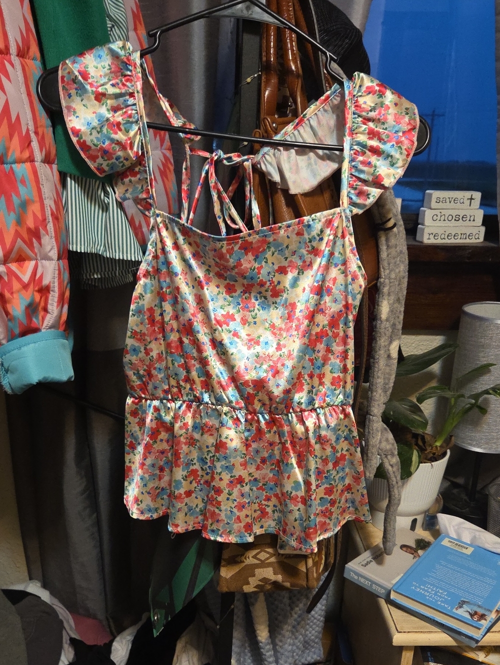 Peach Love California Floral Ruffle-Strap Peplum Camisole - Pink, Blue, Cream